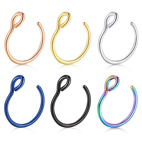 MODRSA Fake Nose Rings 20G Faux Piercing Jewelry 8mm Fake Nose Hoop Ring for Non Piercing Lip Septum Rings Set 6Pcs