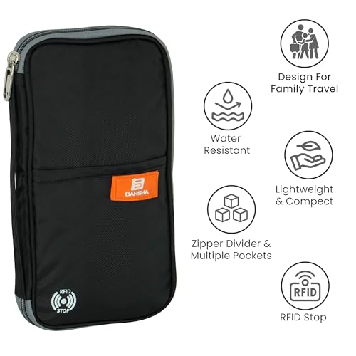 Image of DAHSHA RFID Blocking Travel Family Passport Organizer Wallet for 8 Passports, Nylon Travel Document Holder for Credit /Debit Cards, Men & Women (Black - 23 x 3 x 13 cm)