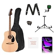 One California Debut Redondo Acoustic Guitar in Natural, a gig bag, a strap, picks, a guitar stand, clip-on tuner and an extra set of strings. Designed for beginner's, featuring a durable all-laminate body crafted with premium tonewoods, and an easy-...