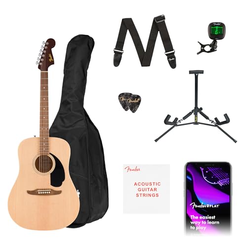 Fender guitarra acústica California Debut Redondo en acabado natural, funda, correa, cable, púas, soporte para guitarra