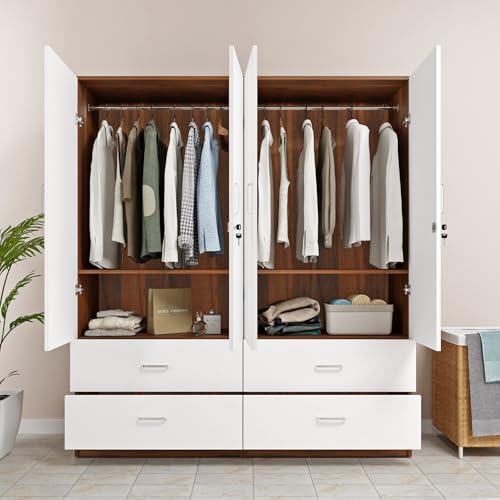 Image of VIKI Wardrobe | Wooden Almirah for 4 Door 4 Drawer with Shelves & Hanging Space Mirror Wardrobe (Walnut | White - 40D x 160W x 180.8H) | 1 Year Warranty | Free Assembly