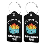 2 Pack Luggage Tags for suitcases Funny Cute Black Trash on fire I'm Fine It's Fine Luggage Tag, Leather Stainless Steel Loop Label Tag for Men Women Travel Bag Suitcase(Trash on fire)