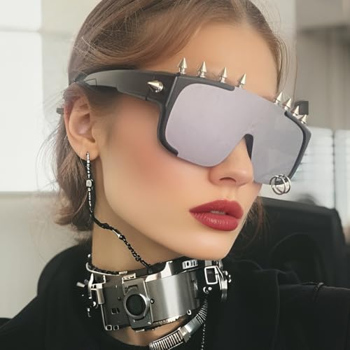 Junsika Oversized Punk Studded Sunglasses for Men Women Trendy Cool One Piece Designer Shield Sunglasses4