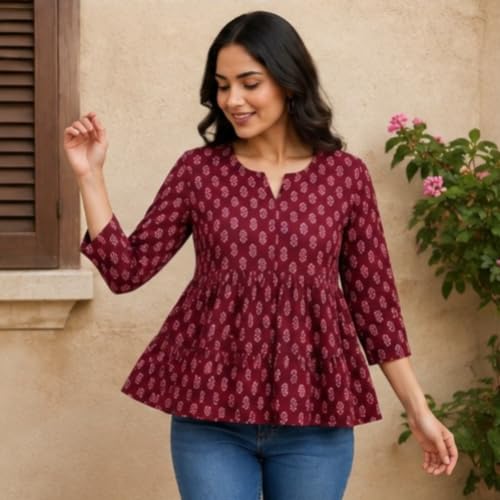 Image of Women's Printed V-Neck Short Kurti | Casual Long Sleeve Tunic Top