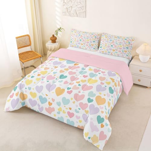 Image of Erosebridal Girls Heart Pattern King Bedding Set Rainbow Heart Comforter Set for Kids Teens Kawaii Valentine Theme Comforter Cartoon Geometric Quilt