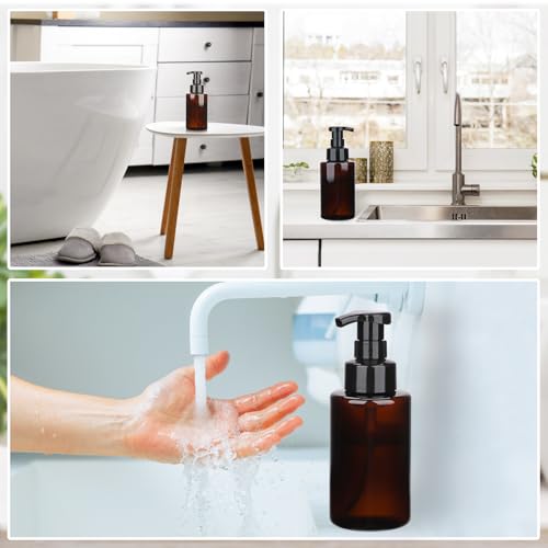 Image of Segbeauty 13.5oz 4pcs Foaming Hand Soap Dispenser Refillable, Empty Foaming Soap Dispenser with Pump, 400ml Plastic Foamer Bottle, Amber Foam Pump Bottle with Waterproof Labels for Bathroom Kitchen