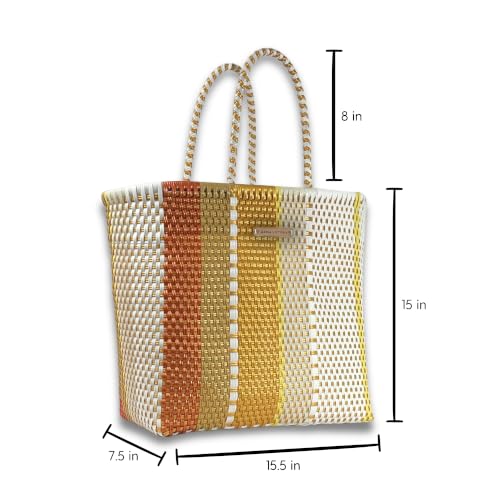 Image of MARIA VICTORIA Handwoven Plastic Mexican Tote Bag Large For Women, Waterproof, Lightweight, Multi-Color Design, Perfect for the Beach, Shopping, and Everyday Use, Cappuccino Large