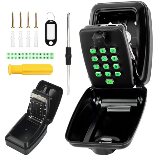Hebaogugu Key Safe Wall Mounted, Police Approved Lock Box with 12 Digit Code & Night Illuminated Stickers, Extra Large Key Safe Outdoor with Weatherproof Cover