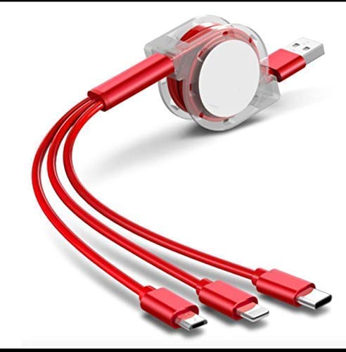 Kimloo Multi Retractable 3.0 Fast Charger Cord, Multiple Charging Cable 3-in-1 USB Charge Cord Compatible with Phone/Type C/Micro USB for All Android and iOS Smartphones (Red)