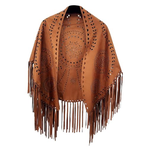 Donna Sciolto Camoscio Frange Aperto Cape Poncho Sciarpa Con Modello Punch Grazioso Frange Dropshipping Sciarpa Maglia Sciarpa, marrone, Taglia unica