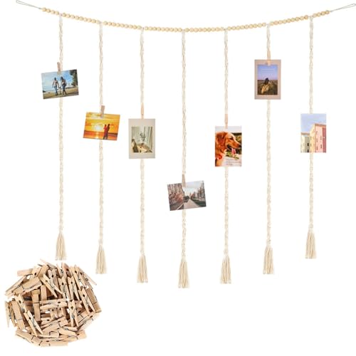 Gotetiso Fotos con Pinzas Marcos de Fotos Multiples para Pared Cuelga Fotos Pared Colgador de Fotos Clips para Fotos Guirnalda para Colgar Fotos con 45 Pinzas Madera para Decoración Hogar DIY