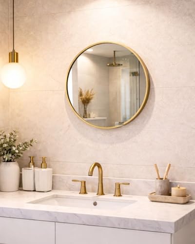 Image of Round Wall Mirror in Gold I Metal Frame Mirror I Modern Metal Frame Mirror in Small Size I Bathroom Wash Basin, Bedroom, Drawing Room (Gold, 18 inch)