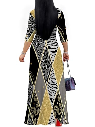 Image of PinkPatty Women's Plus Size Maxi Dresses Casual Flowy 3 /4 Sleeves Dress Printed Vacation Dress for Daily Wear with Belt