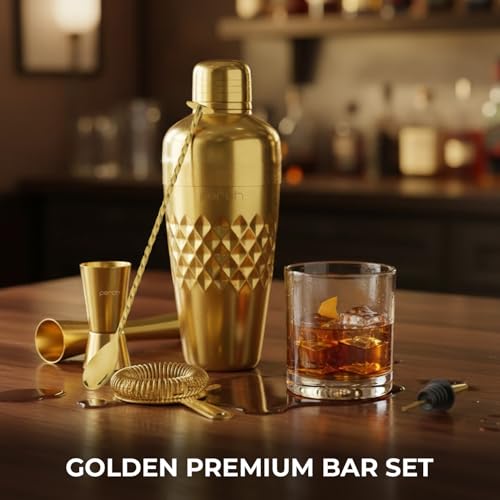 Image of O' Holic by Perch Craft 8-Piece Stainless Steel Bartender Kit|Premium Cocktail Shaker Set with Jigger 30 /60ml, Spoon,Pourer,Ice Tong, & Bar Tools|Professional Bar Set for Home &Tour Parties|Golden