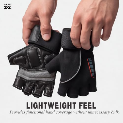 Image of Vector X Majestic Unisex Leather High Grip Padded Sports Gloves, Breathable, Professional Weightlifting, Football, Fitness Training & Gym Workout|Half-Finger Length, Wrist Wrap for Protection|Black|L