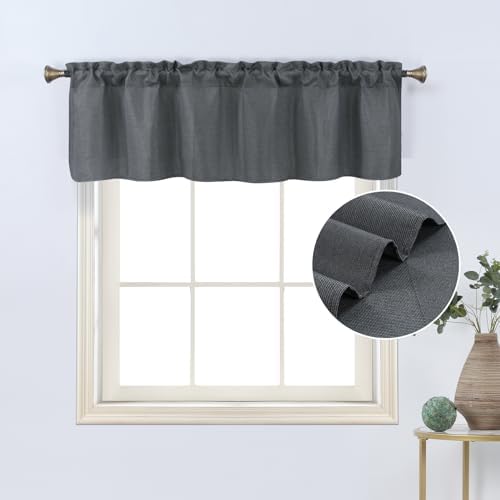 Home Queen Linen Kitchen Valances, Short Window Treatment Light Filtering Window Toppers, Rod Pocket Curtain Valance 56 x 14 Inch, Charcoal