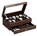 BEWISHOME Watch Box for Men Luxury Watch Organizer Faux Leather Watch Case with Jewelry Drawer, Real Glass Top , Metal Hinge, Brown SSH12Z