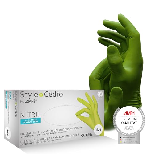 AMPri Guantes de nitrilo, cedro verde, 100 unidades/caja, talla XL, sin polvo, estilo cedro by Med-Comfort: guantes desechables de nitrilo, guantes desechables en tallas XS, S, M, L, XL