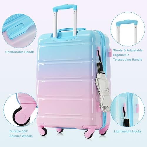 Luggage Set of 3,20-inch with USB Port,Airline Certified Carry-on Luggage,ABS+PC Hard Shell Luggage with Spinner Wheels,light blue and pink3