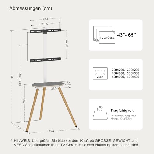 ECOTINY TV staffelei für 43 bis 65 Zoll LCD LED OLED Bildschirm bis zu 35 kg, höhenverstellbar und schwenkbar, tragbarer TV-Ständer Holz mit Holztablett,max VESA 400x400mm, Schwarzes Walnussholz