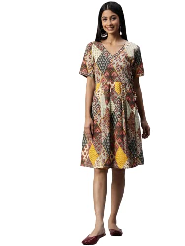 Image of arriva fab Women's Cotton Jaipuri Floral Print A-line Dress