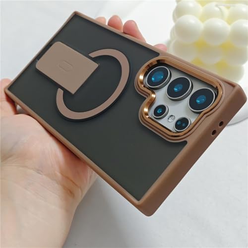 Coque Samsung S25 Ultra magnétique transparente et mate avec son support pliable marron