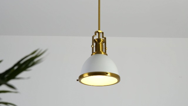 Image of JONATHAN Y Homer Industrial Dome Pendant 10 inch, White /Brass Gold | 1-Light, Farmhouse Style, Adjustable Hanging Height, Glass Diffuser, Sloped Ceiling Compatible, Metal, LED Bulb Included