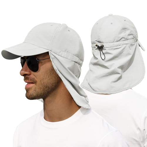Zando Sun Hats for Men Women with Neck Flap Cover UPF 50+ Waterproof Baseball Cap Light Grey Shade Hat Adjustable Breathable Outdoor Hiking Fishing Gardening Safari One Size