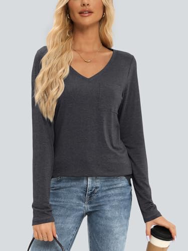 Image of AUTOMET Womens Long Sleeve Shirts V Neck Casual Tops with Pockets Loose Dressy Basic Fall Outfits Clothes Winter Trendy 2025
