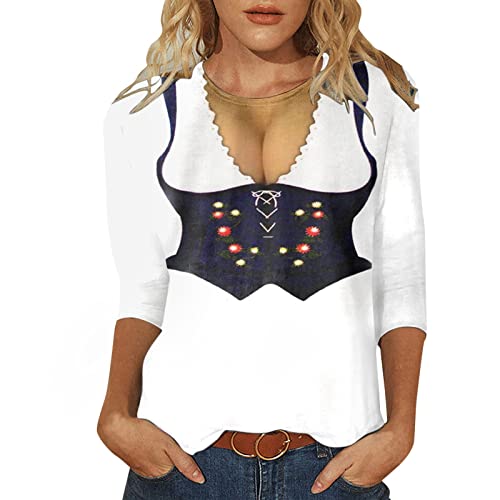 Oktoberfest 2022 Comfortable Summer Tops for Women, 3/4 Sleeves, Crew Neck, T-Shirt, Printed, Loose, Side Split Tunic Blouse, Work Shirts, Women's Oktoberfest Print, White, Large