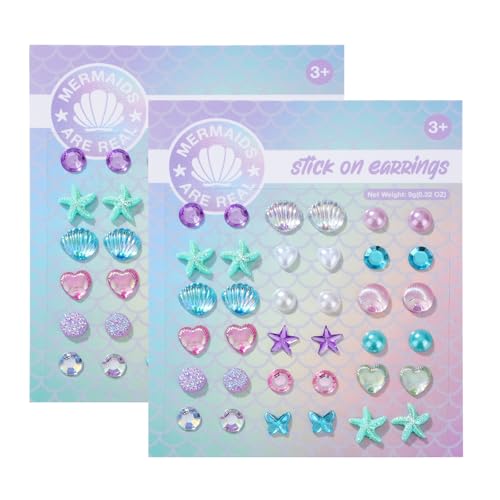 Mermaid Shell Stick on Earrings 3D Self-Adhesive Pearl Butterfly Stars Moon Sticker Earrings Stick on Earrings for Little Girls 4-6 Kids Girl Face Eye Crystal Gem Stickers (2 Sheet Sets)
