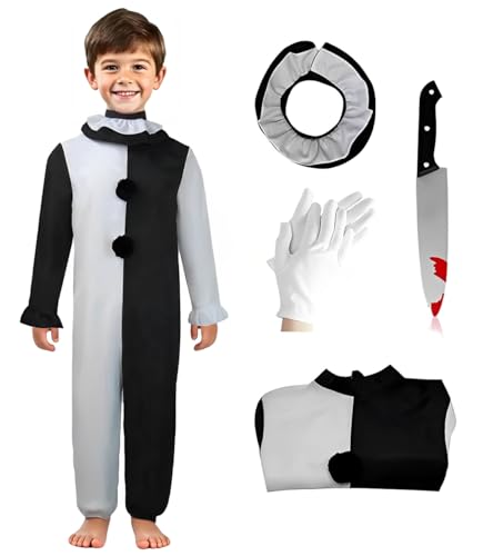 Pigmiss Kids Art The Clown Terrifying Costume Horror Mask Killer Scary Halloween Masquerade Party Cosplay Outfits 130cm White