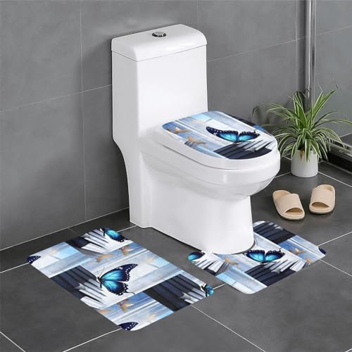 3 Piezas Juego De Alfombra De Baño Mariposa Azul 3 Alfombrillas De Baño Absorbentes Cómoda Alfombras De Cama, para Dormitorio, Bathroom, Cocina