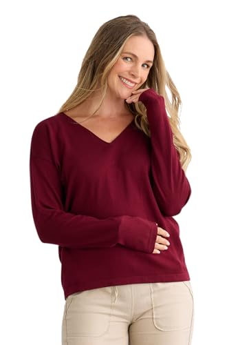 Fair Indigo Women's Organic 100% Cotton Relaxed V-Neck Sweater (M, Wine)
