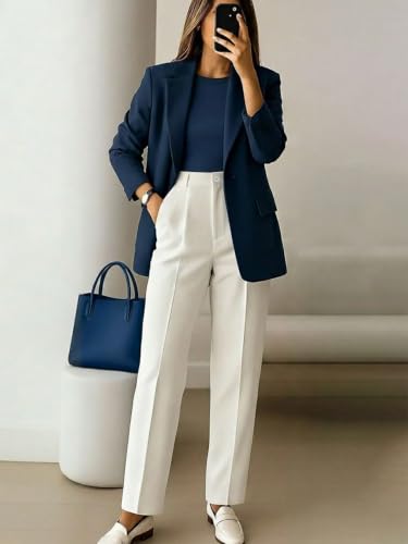 Image of KATECLO Women's High Waisted Formal Trousers - Regular Fit Straight Leg Dress Pants with Pockets for Office, Workwear, & Casual Smart Looks