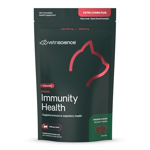 VetriScience Lysine Immunity Health Chews 250 mg Lysine Plus Immune Supplement for Cats and Kittens with Allergies Sneezing Runny Nose and Watery Eyes Chicken 120 Count