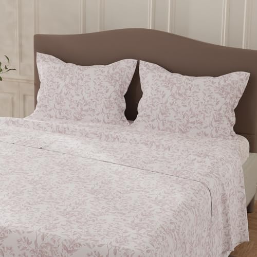 Image of Layers 100% Cotton Bedsheet for Double Size Bed | Lumina Floret Collection | 144 TC Soft & Breathable | Floral Print with 2 Pillow Covers | Wrinkle Free | 3 Piece Bedding Set - Purple & White