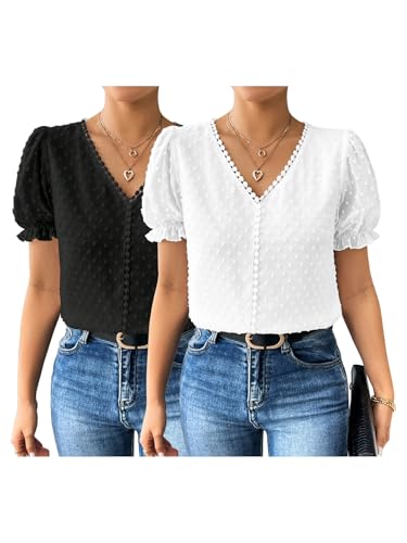 Image of Shasmi Women's Elegant French Textured Fabric Solid Color Lace Panel V-Neck Jacquard Blouse,Short Puff Sleeve Tops Simple Daily Spring /Summer Casual Blouse Shirt (Top 178)