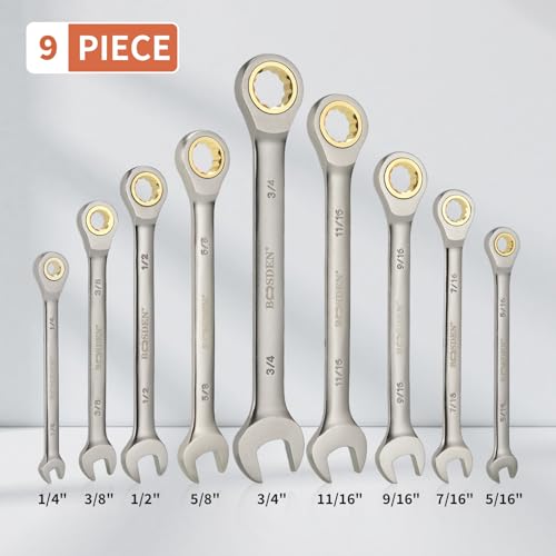 Image of BOOSDEN 9-Piece Ratcheting Wrench Set, High-Carbon Steel Ratcheting Wrenches Set with Roll-Up Pouch, SAE 1 /4-3 /4 inch Combination Ratchet Wrench for Auto Repair, Mechanical, Household, Garage, Boat