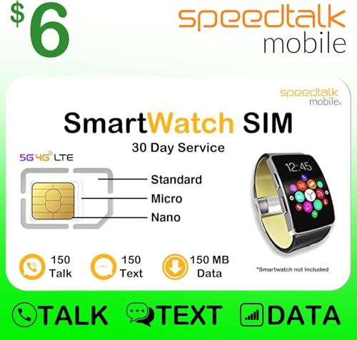 SpeedTalk Mobile $6 SIM Card for Smartwatches | 150 Minutes Talk, 150 Texts, 150MB Data | 30-Day Plan | Compatible with GSM Devices | No Contracts