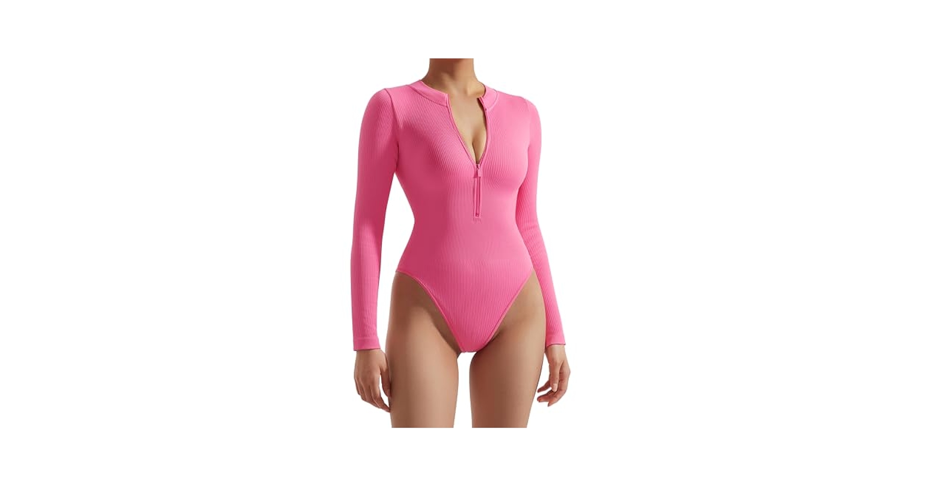 SUUKSESS Women Long Sleeve Ribbed Bodysuit Sexy Zip up Front