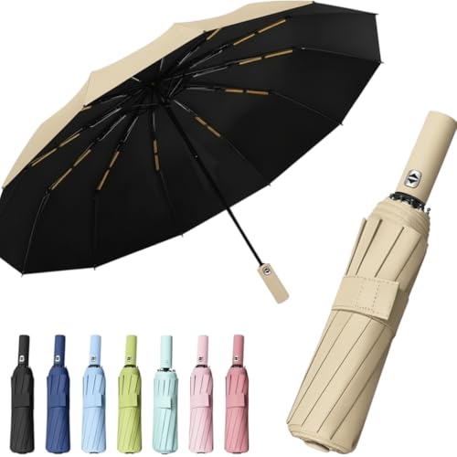 Image of Umbrella, UV Big Size Umbrella for Sun Protection Rain Windproof Strong large 3 fold for men women kids boys girls Perfect small & stylish Windproof & Compact (Cream)