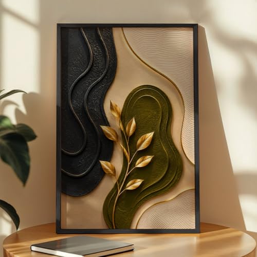 Image of NoWorries 3D Abstract Botanical Wall Painting with Frame Set of 1 | Premium Textured Gold Leaf Artwork, Modern Black Green Beige Nature Wall Decor for Living Room, Bedroom, Office and Home Decoration (3d Art-19,13x19inch)