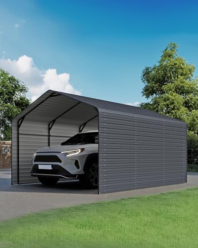 Image of Heavy Duty Metal Carport, 10x15FT Outdoor Carport Canopy with Galvanized Steel Roof and Reinforced Base,Metal Side Panels,Sidewalls,Garage Shelter Shade for Cars,Trucks, Boats, Gray