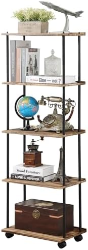 GETALL 5 Tier Bookshelf with Wheels, Tall Bookcase for Small Spaces, Solid Wood Narrow Shelf, Corner Book Shelf Storage Organizer for CDs, Movies, Movable Shelfing Unit for Bedroom, Living Room