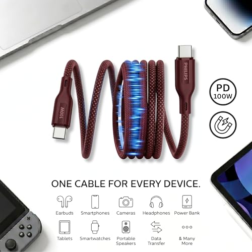 Image of PHILIPS DLC7130CI /94 100W Magnetic Type-C to Type-C Fast Charging Cable (1m, Iron Red) | Nylon Braided | Compatible with iPhone 15+ Series, USB-C iPad Models, Samsung Galaxy & All Type C Devices