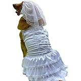 apott 2pcs White Dog Dress Wedding with Veil Puppy Lace Pleated Skirt Pet Classic Bride Tutu Costume