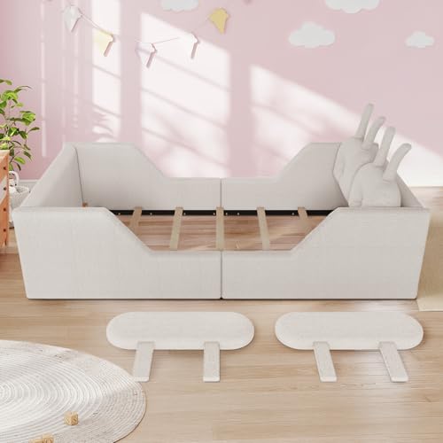 Image of Twin Size Kids Bed with Rabbit Cushions, Upholstered Boucle Fabric Platform Floor Twin Daybed with Removable Side Rail, Space-Saving Wooden Corner Sofa Couch Bed Frame for Girls, Boys, Teenager(White)