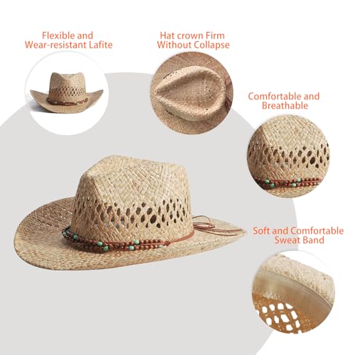 Image of Men's Cowboy Hats Summer Women Beach Cowgirl Hat Raffia Unisex Western Sun Hat