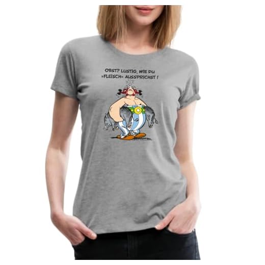 Spreadshirt Asterix und Obelix Obst Fleisch Spruch Frauen Premium T-Shirt, L, Grau meliert